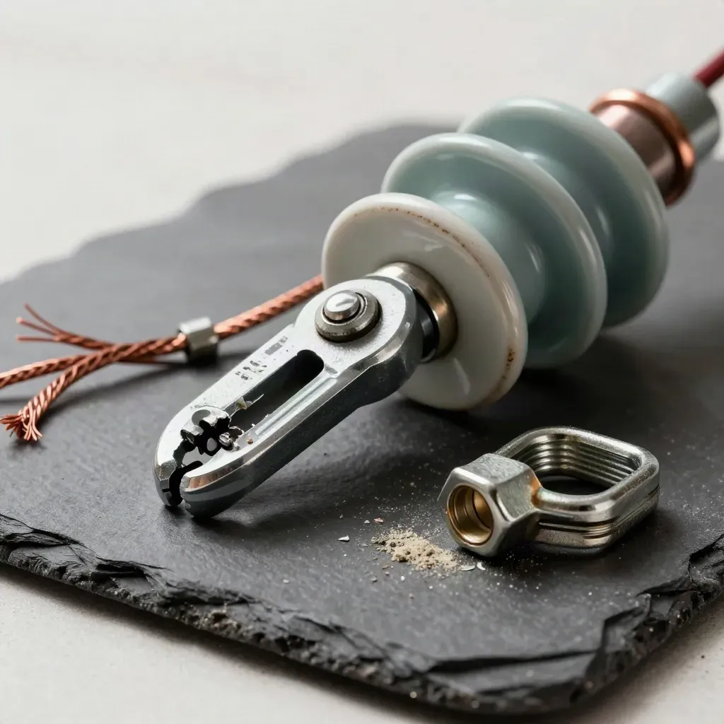 Insulator cap, earth clamp, copper strap and junction lug on dark slate under soft light