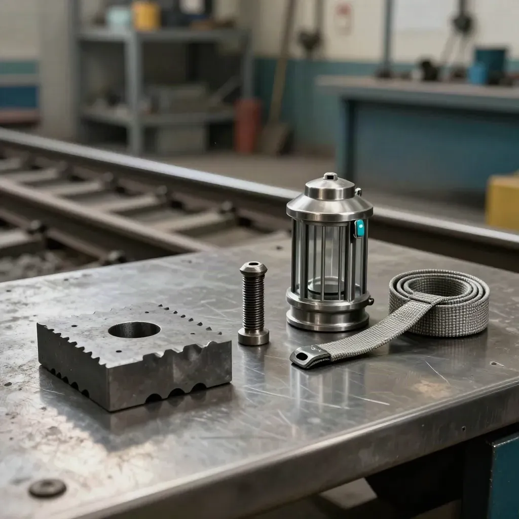 Rail inspection tools on brushed steel in a rail depot, with dust and muted teal accent.