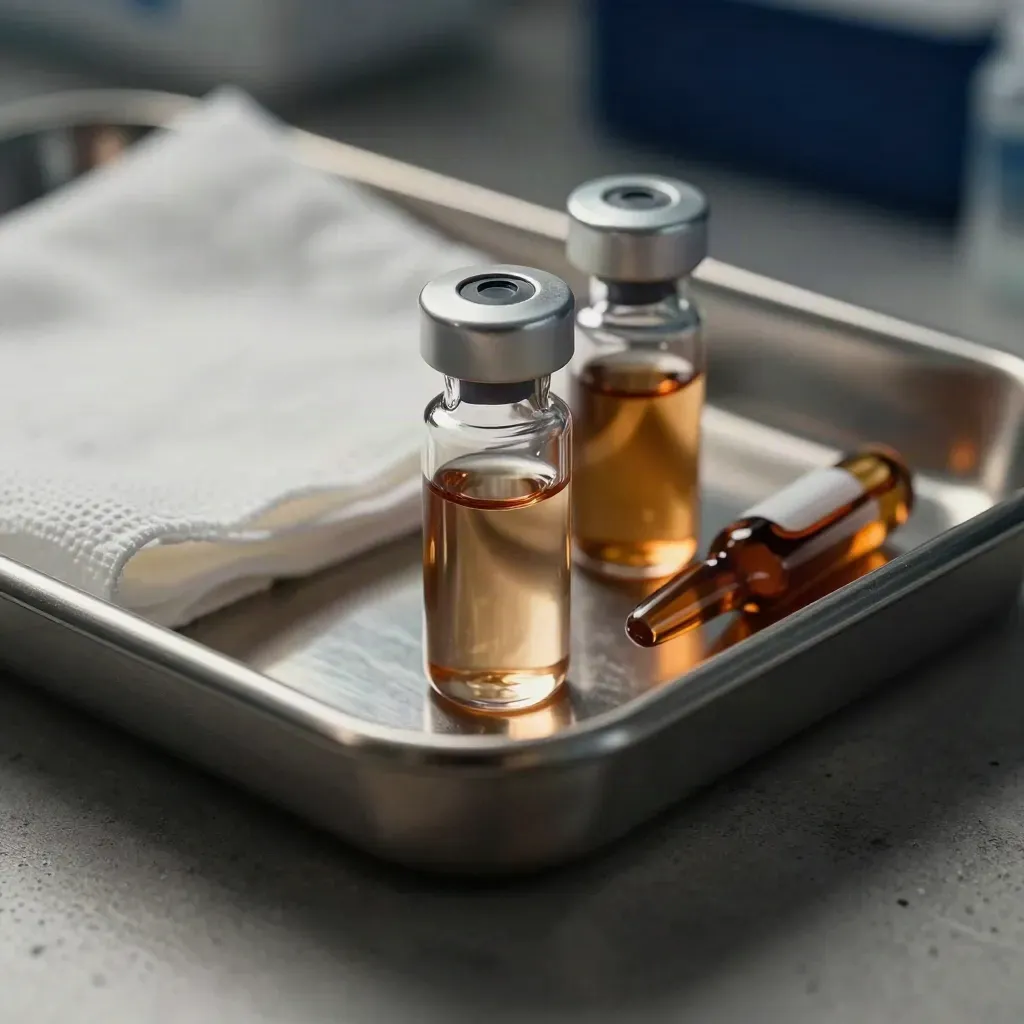 Macro still life of biotech sample vials, amber ampoules and a metal tray on charcoal concrete.