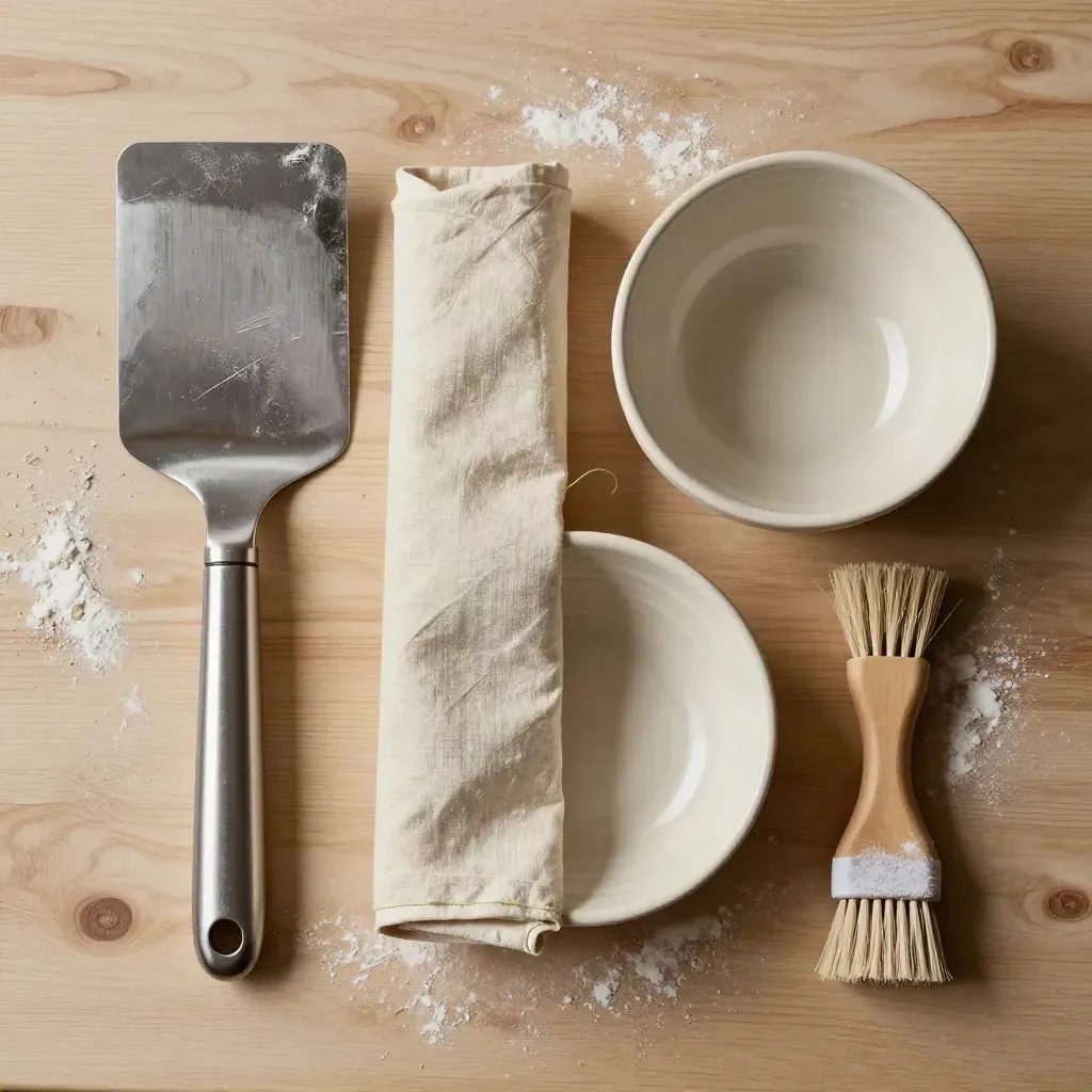 Flat lay of dough scraper, linen wrap, proving bowl and flour brush on pale wood.