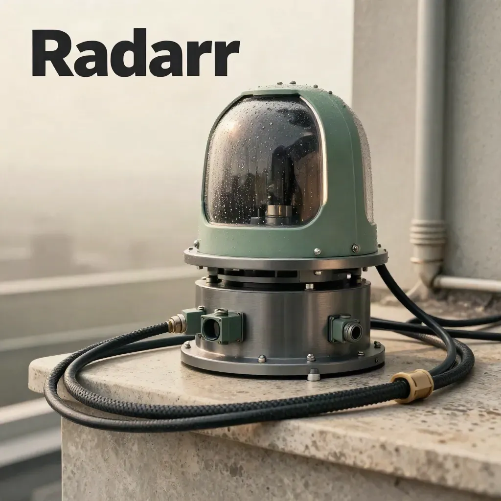 Rain-beaded relay hardware and beacon dome on stone, shot low on a misty rooftop plinth.