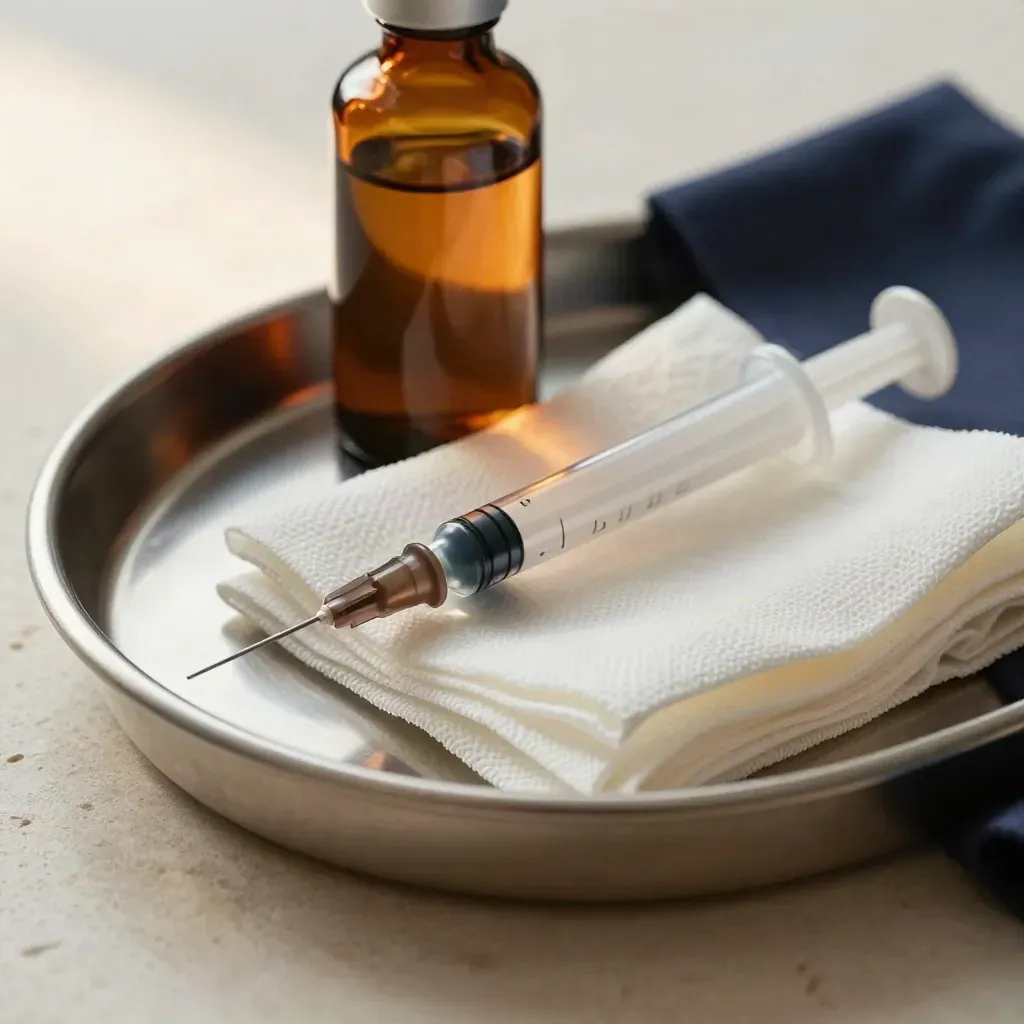 Macro of a stainless medicine tray, amber bottle, syringe barrel and gauze on pale stone