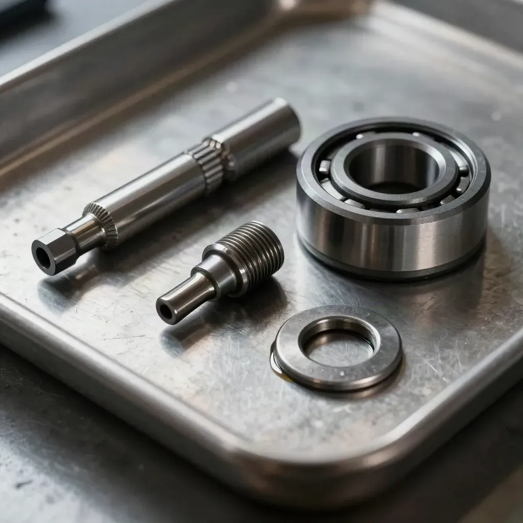 Bearing race, grease nozzle and steel coupler on brushed metal in dramatic workshop light.
