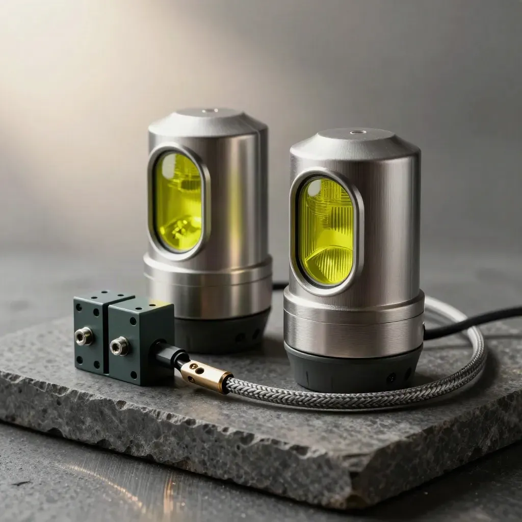 Two industrial signal lamps, relay modules and a braided cable on graphite stone.