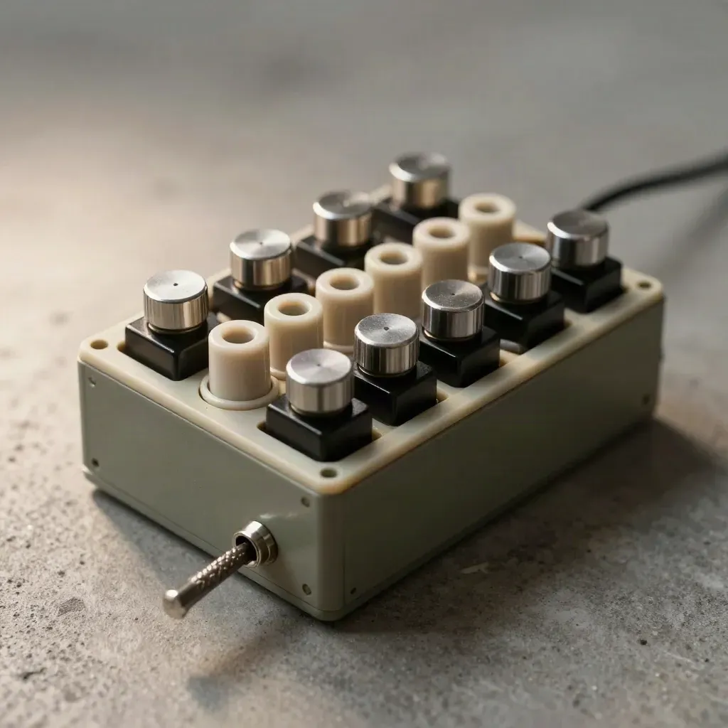 Miniature relay bank and fuse block on matte concrete under dramatic overhead light