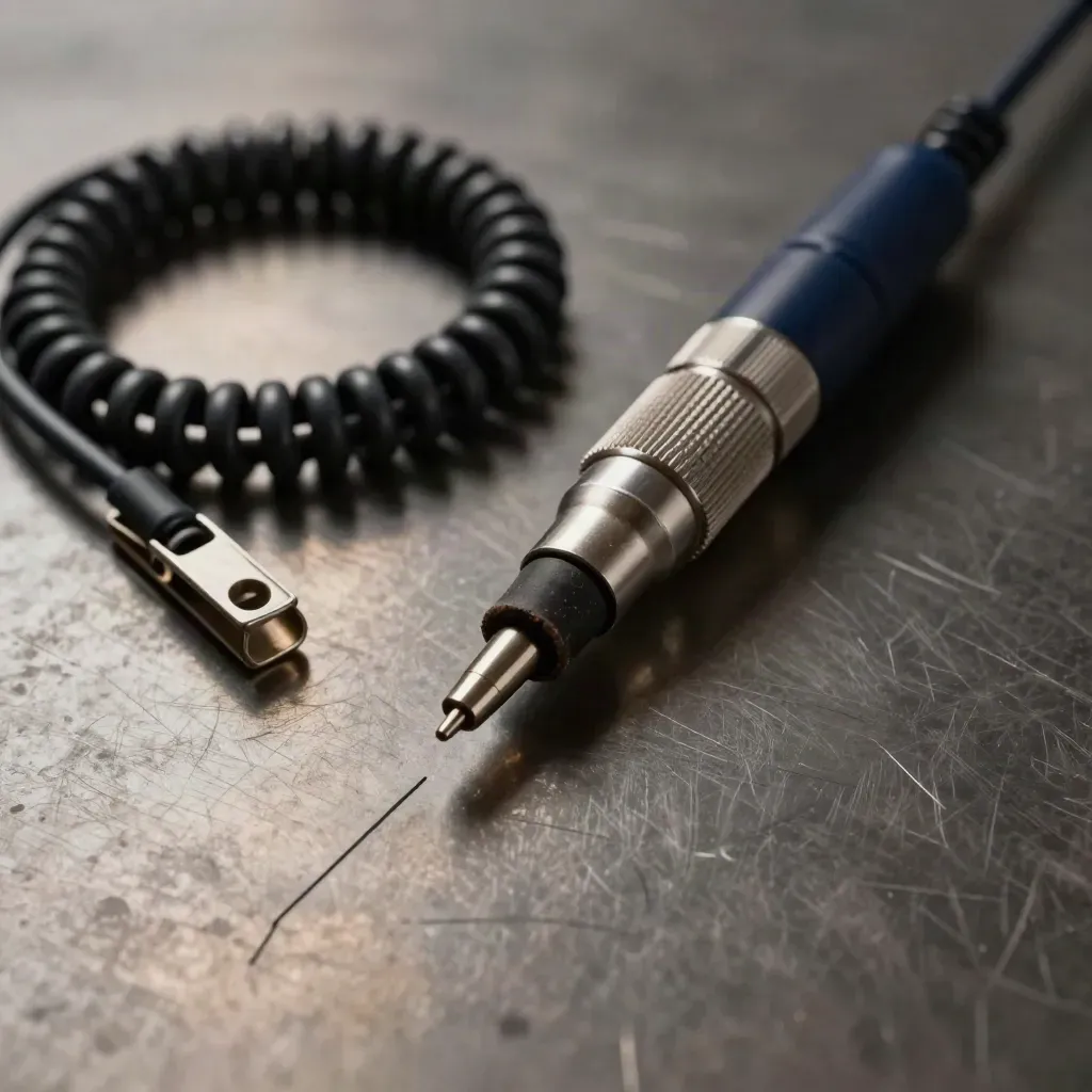 Cable tracer probe with coiled patch lead and insulated clip on brushed metal.