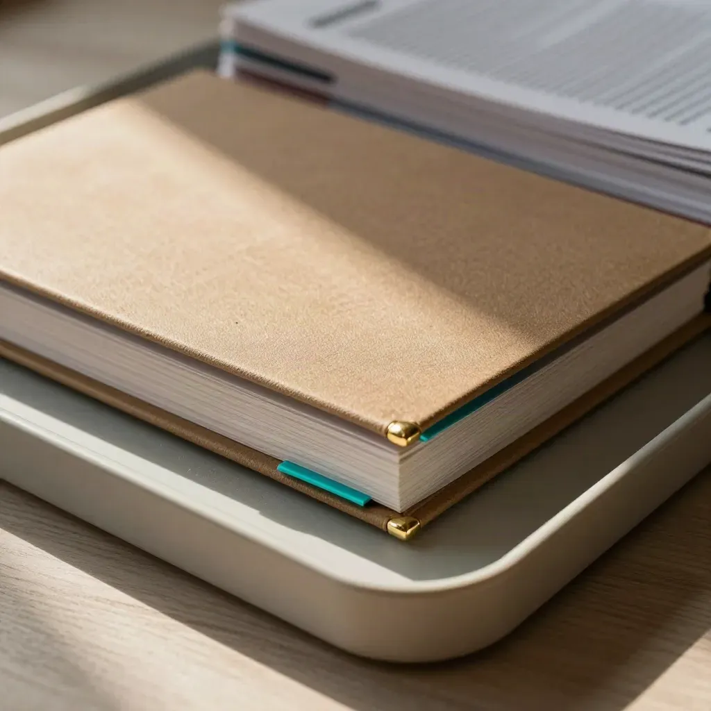 Closed report binder in archival tray with brass clips on pale wood, soft daylight.