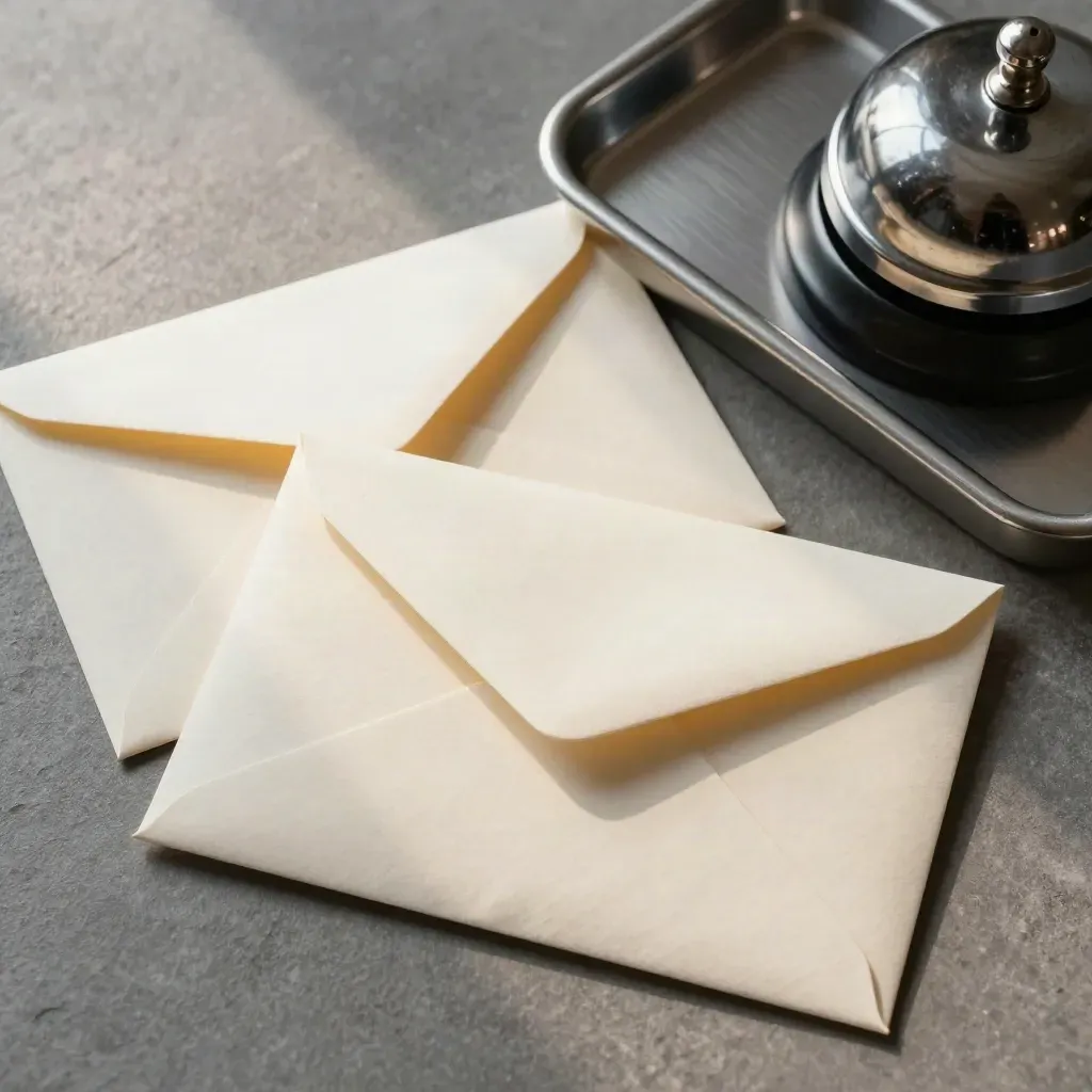 Overhead macro of sealed envelopes, mail tray and desk bell on grey stone.