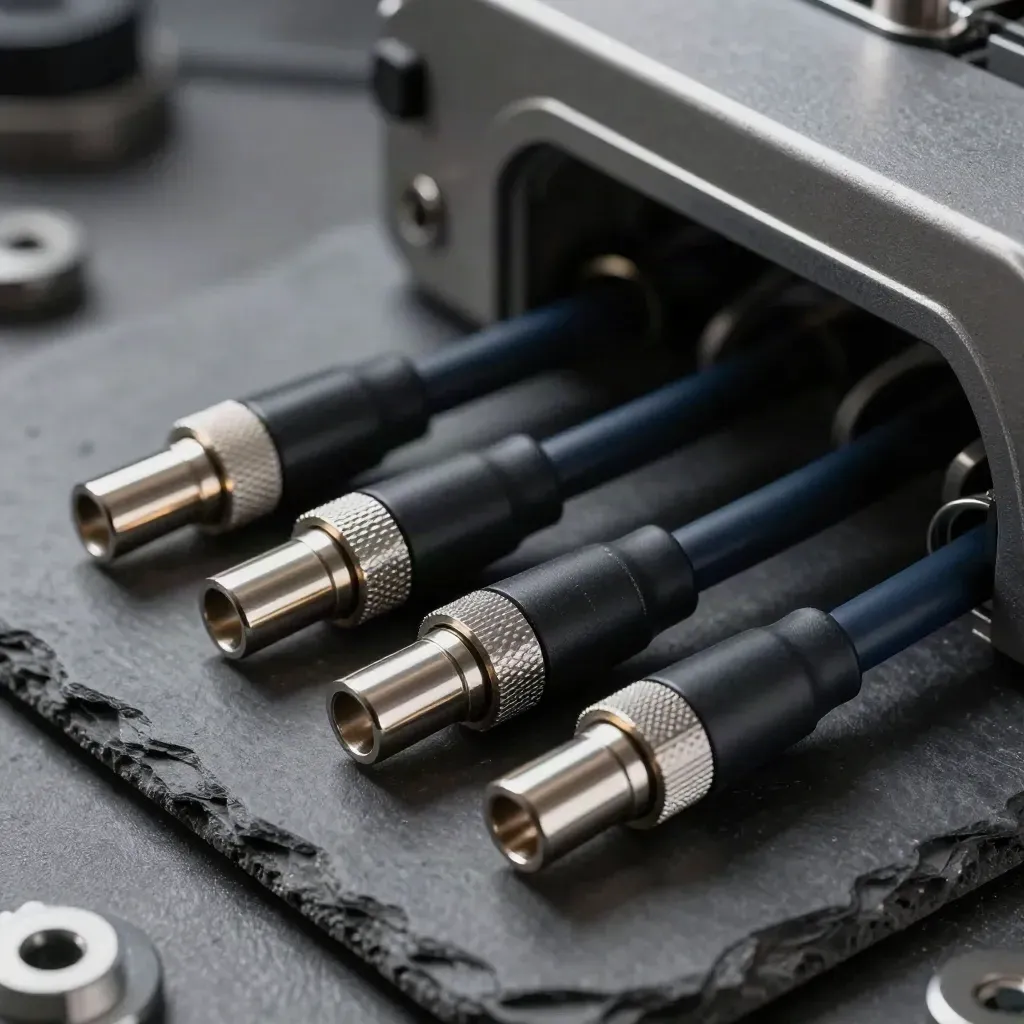 Connector couplers and patch leads arranged in a dramatic macro on graphite slate.