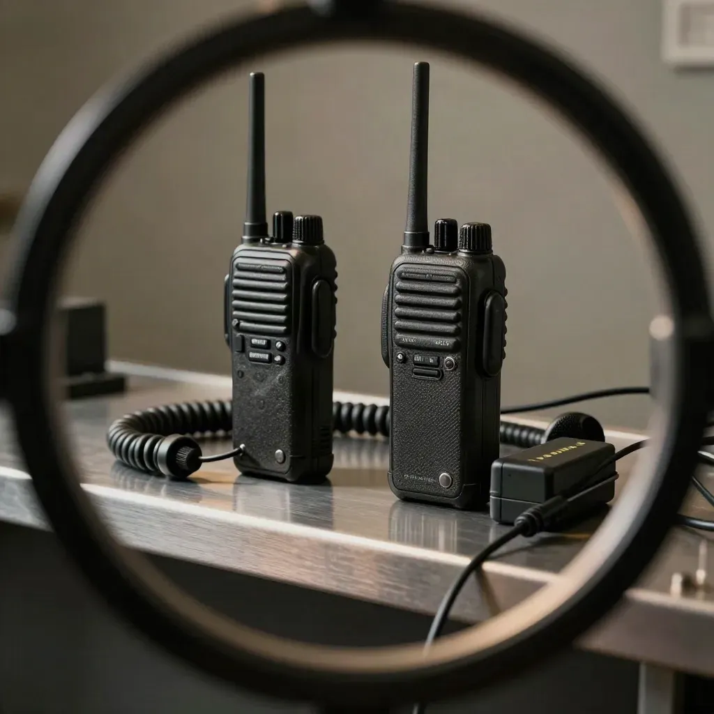Macro of two-way radios, battery pack and headset cable seen through a blurred gasket ring.