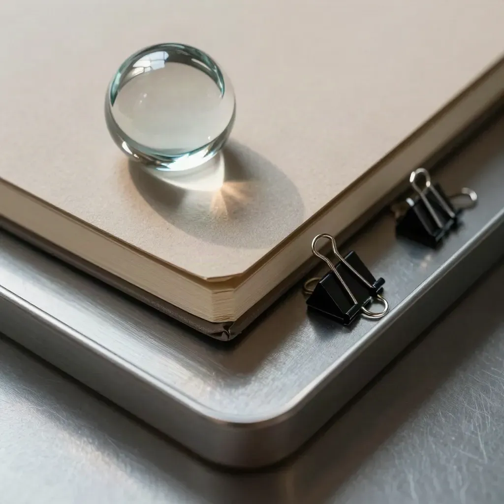 Top-down analyst still life with notebook, paperweight, binder clips and tray on brushed steel.