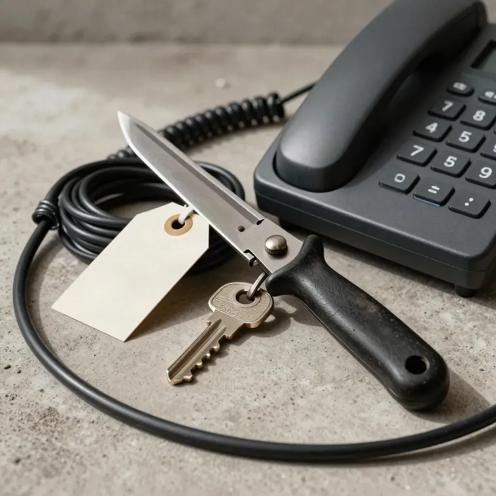 Parcel cutter, delivery tags, cord bundle and desk phone base on pale concrete, lit dramatically.