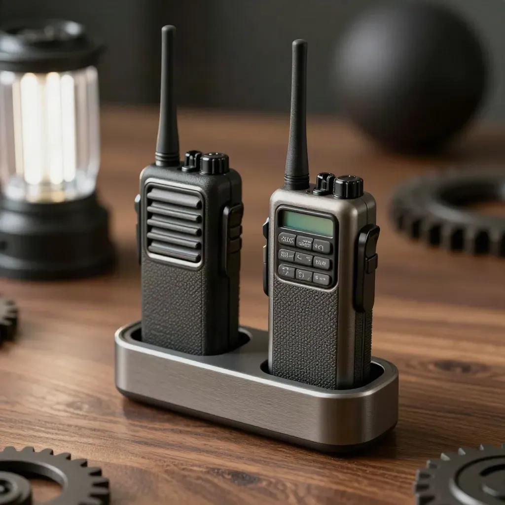 Two handheld radios in a charging cradle beside an incident lamp, lit dramatically on walnut tones.