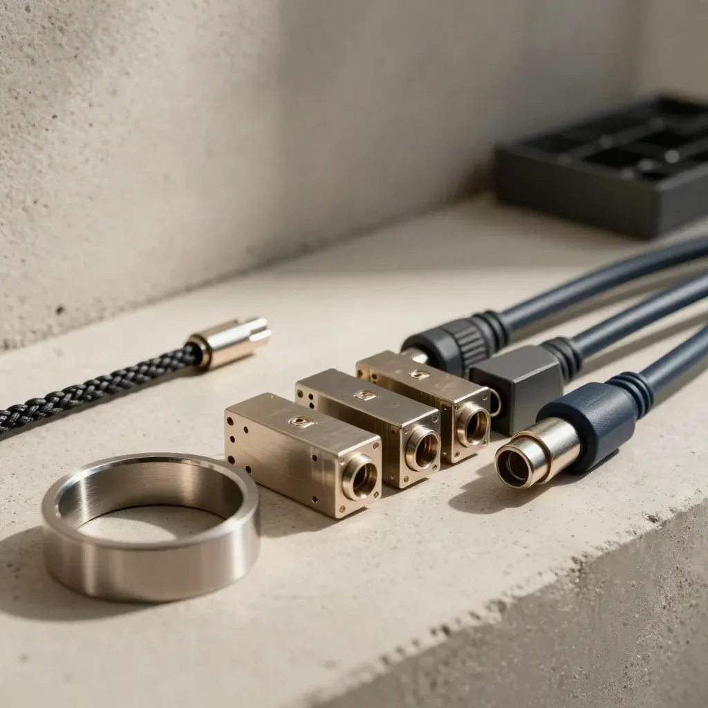 Brushed steel rings, modular blocks and a braided patch lead on pale concrete in a premium tech still life.