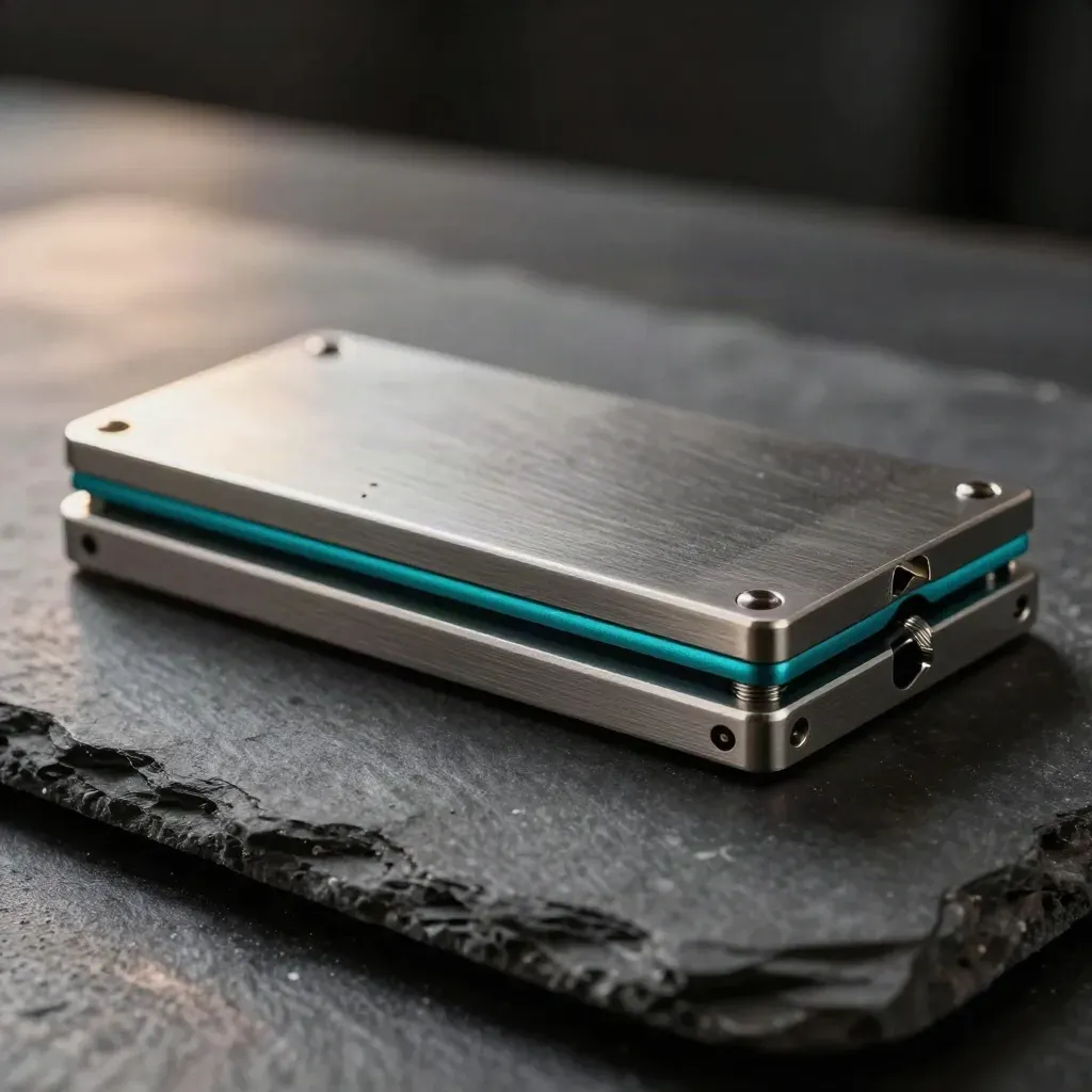 Machined plates and pins on dark slate with a teal accent in dramatic close-up