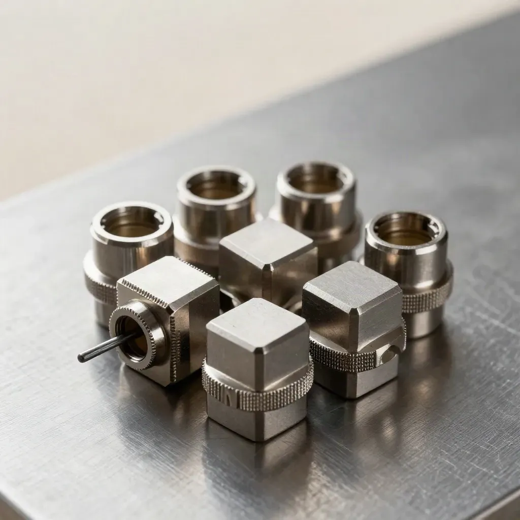 Top-down macro of connector cubes, ferrules and a looped lead on brushed metal.