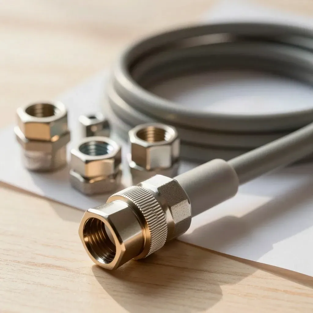 Hexagonal couplers and a folded cable harness on pale wood in warm soft daylight.